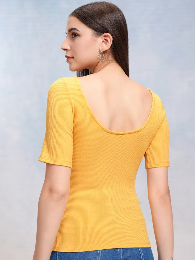 Tokyo Talkies Women Yellow Solid Fitted Top - Yellow - Image 3