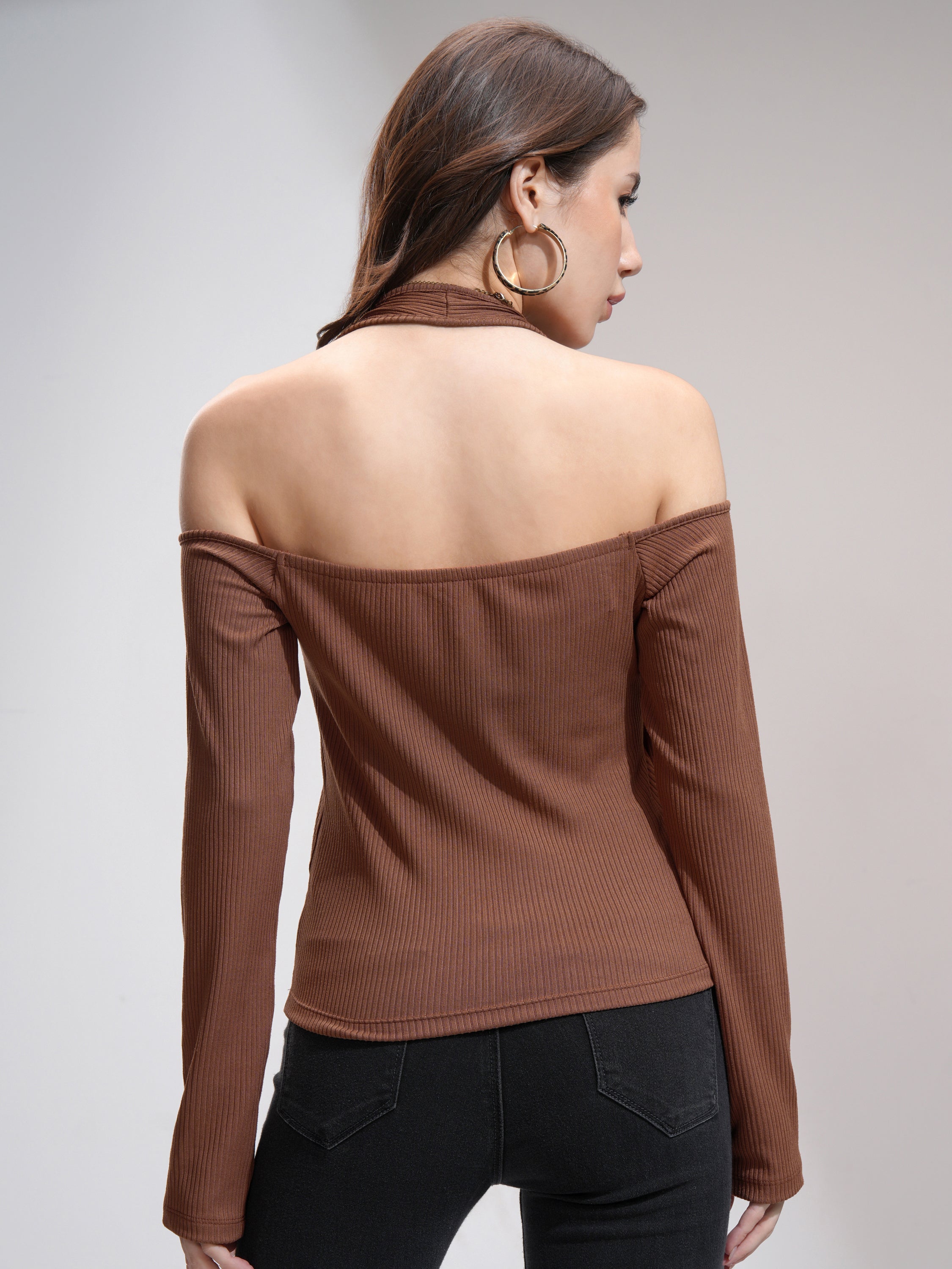 Tokyo Talkies Women Brown Solid Fitted Top - Brown - Image 3