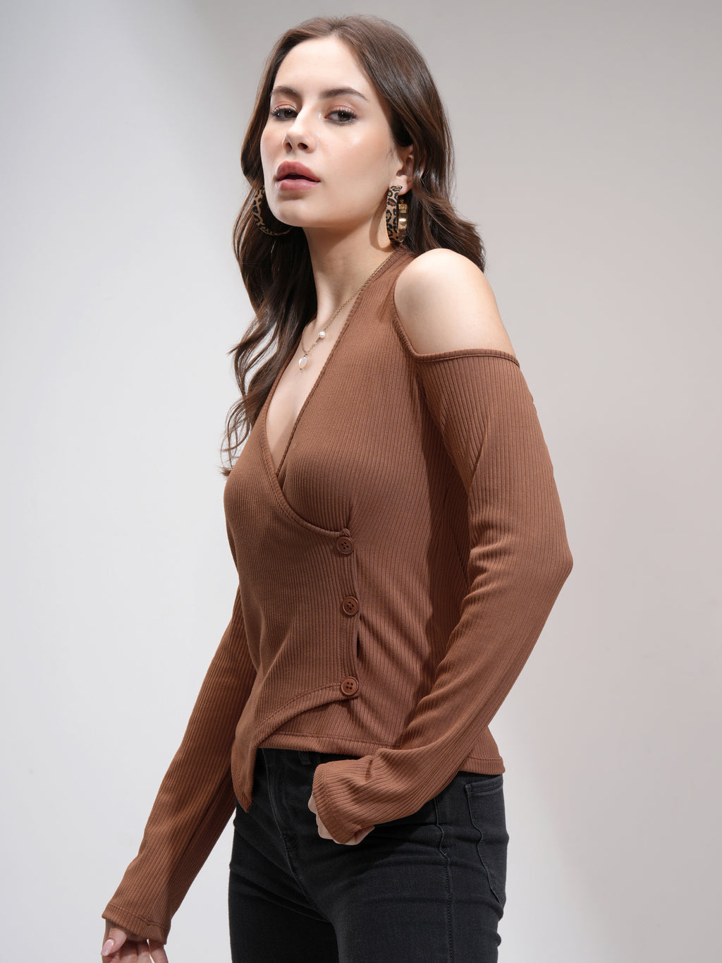 Tokyo Talkies Women Brown Solid Fitted Top - Brown - Image 4