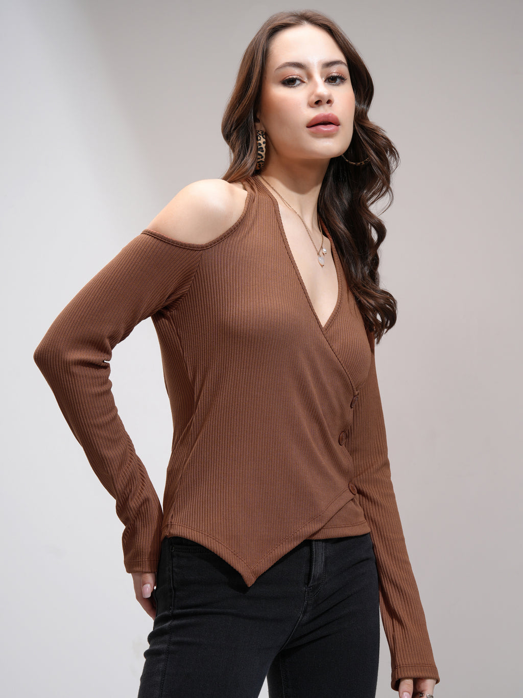 Tokyo Talkies Women Brown Solid Fitted Top - Brown - Image 6