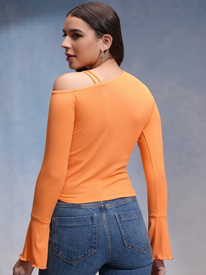 Tokyo Talkies Women Orange Solid Fitted Top - Orange - Image 3