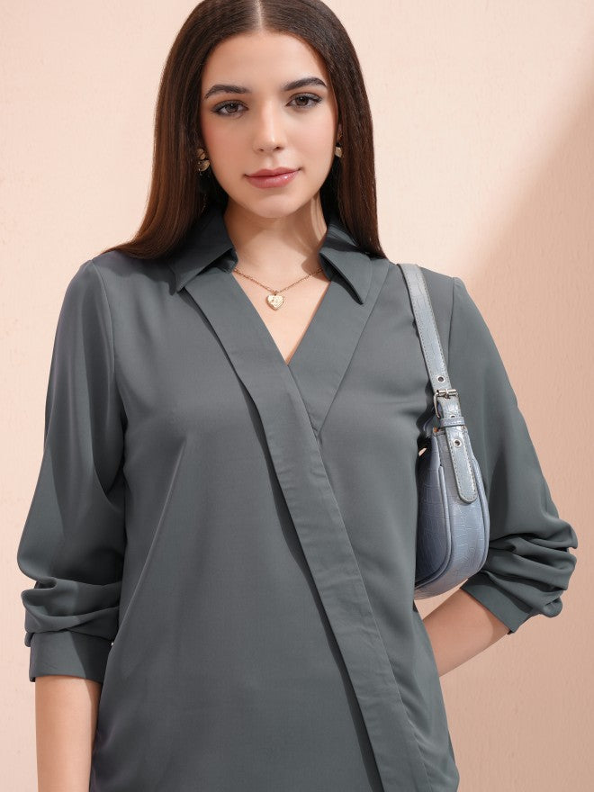 Tokyo Talkies Women Grey Solid Wrap Top - Grey - Image 1