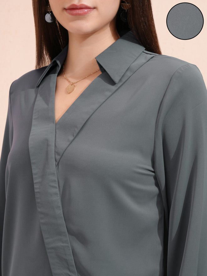 Tokyo Talkies Women Grey Solid Wrap Top - Grey - Image 5