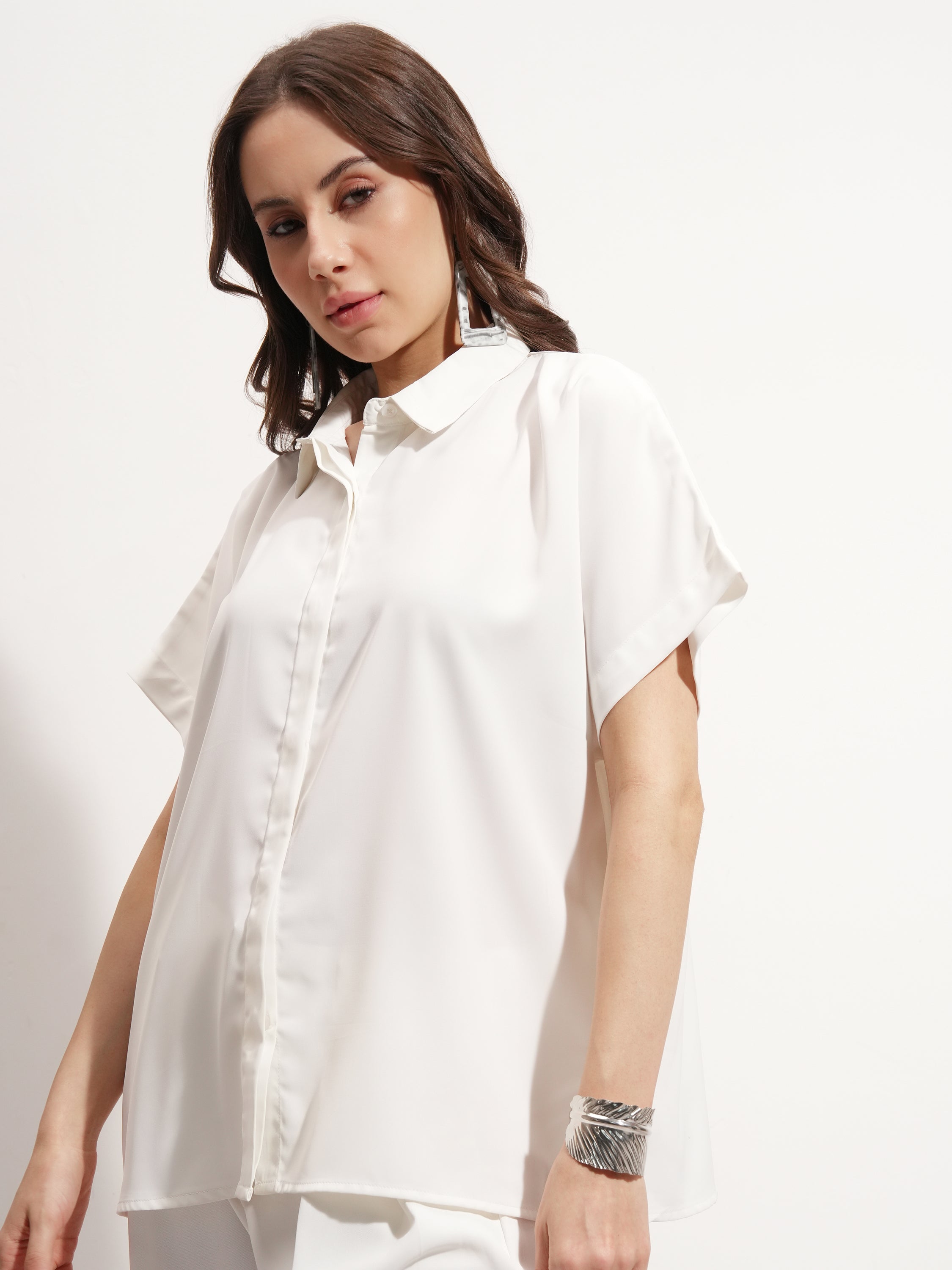 Tokyo Talkies Women Off White Solid Shirt Style Top - Off White - Image 4
