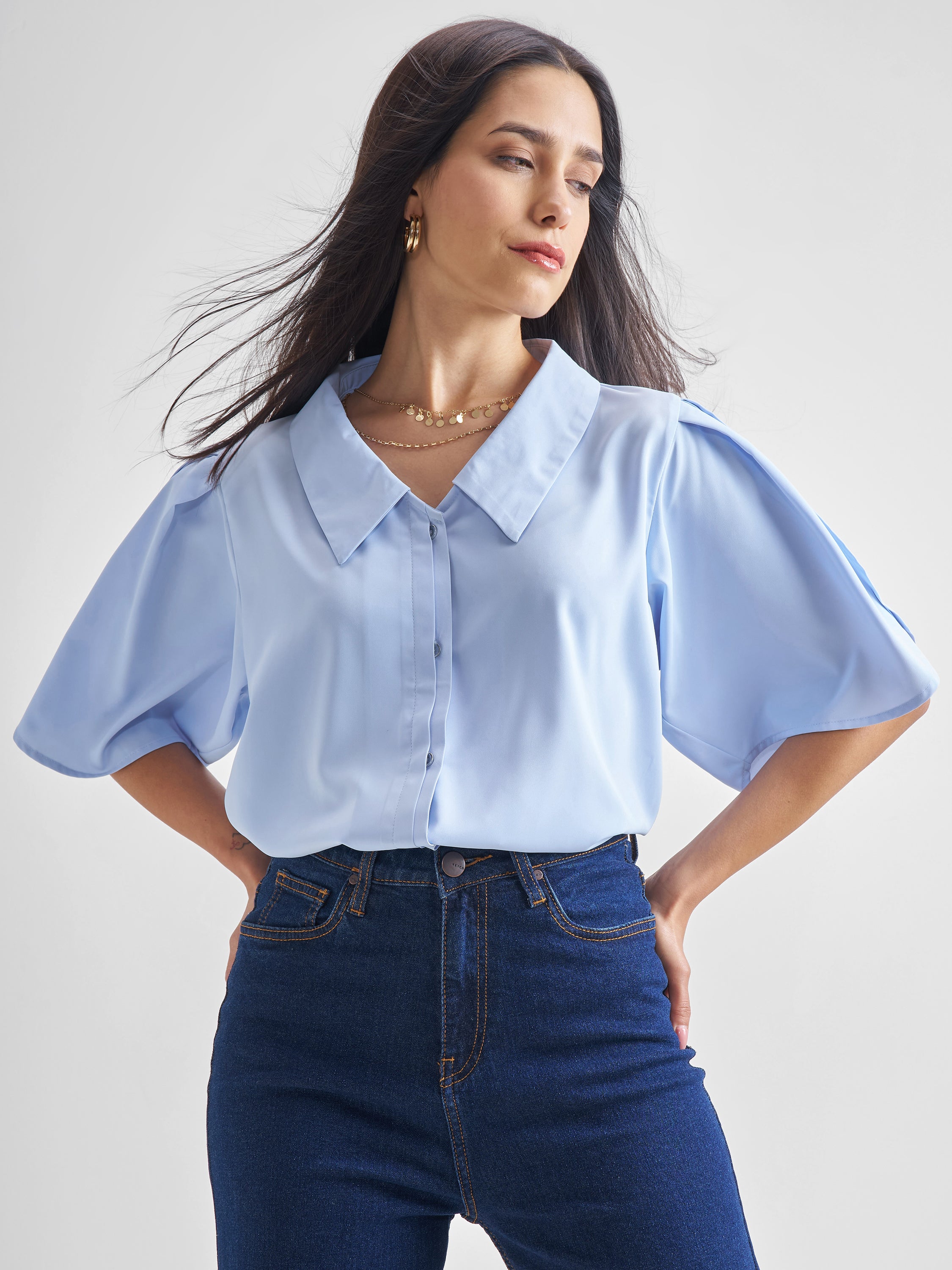 Chic By Tokyo Talkies Women Blue Solid Regular Top - Blue - Image 1