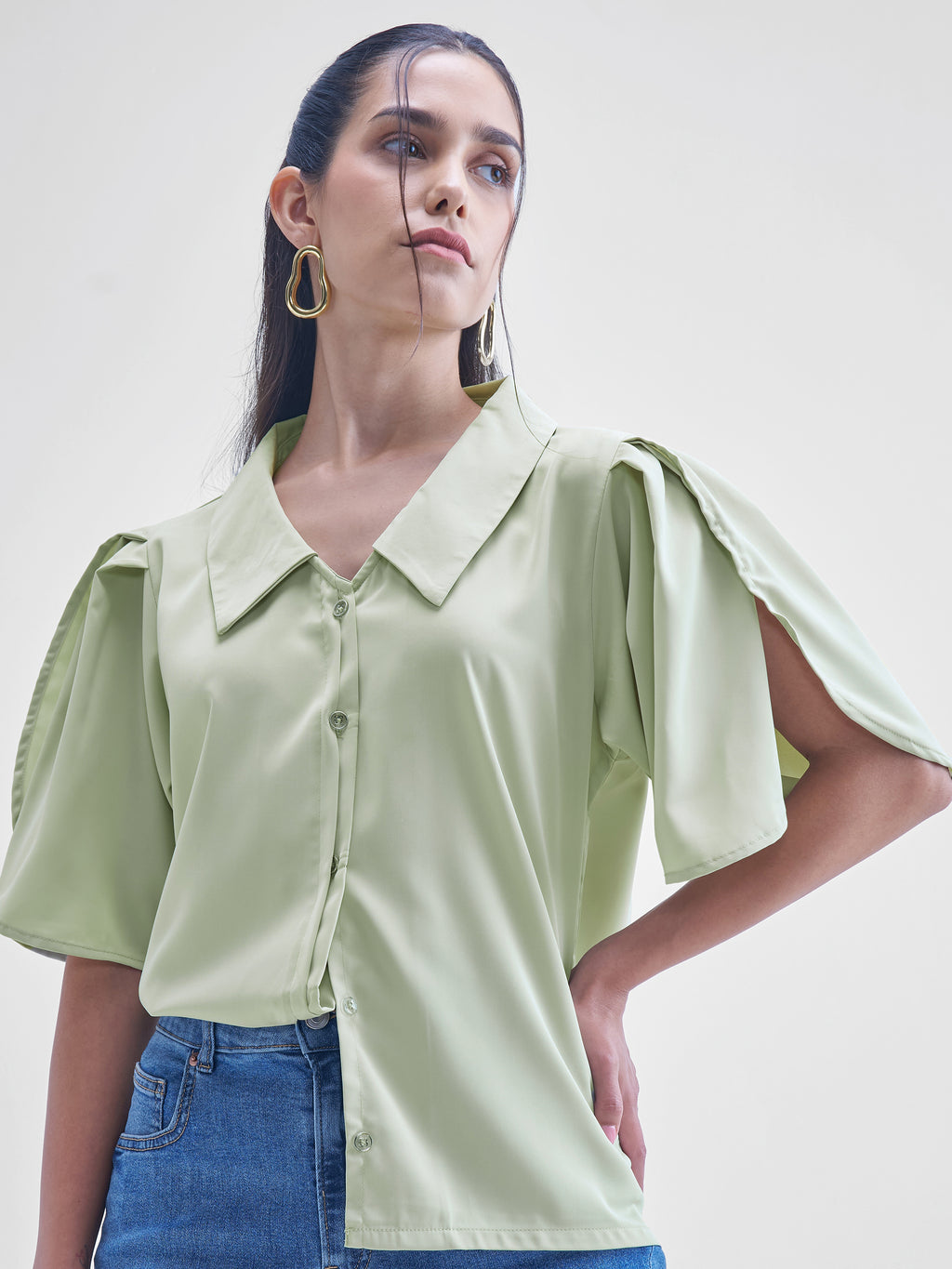 Tokyo Talkies Women Green Solid Shirt Style Top - Green - Image 1