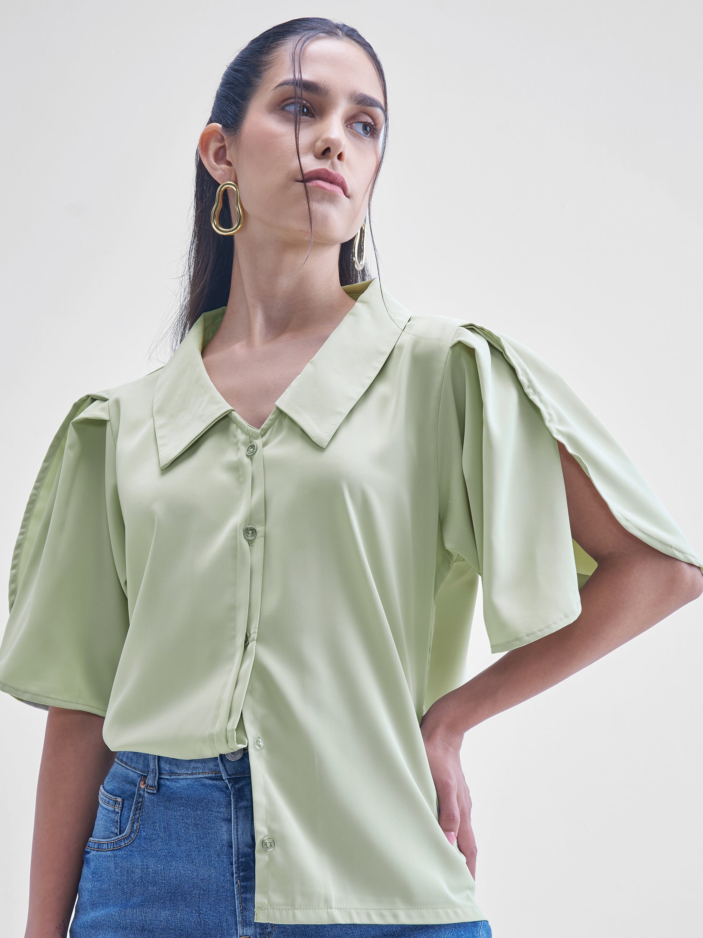 Tokyo Talkies Women Green Solid Shirt Style Top - Green - Image 1