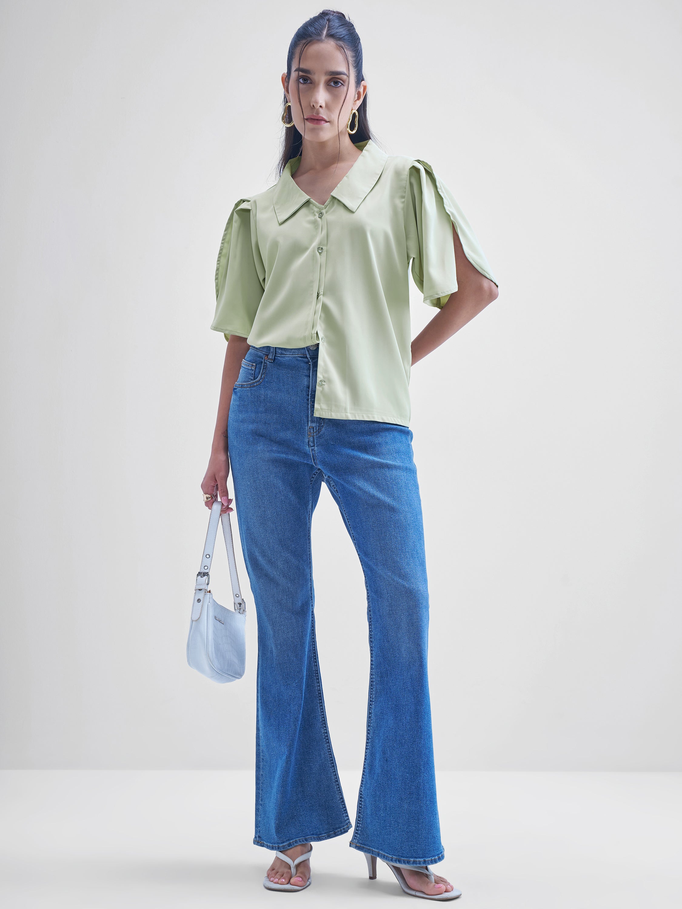 Tokyo Talkies Women Green Solid Shirt Style Top - Green - Image 2