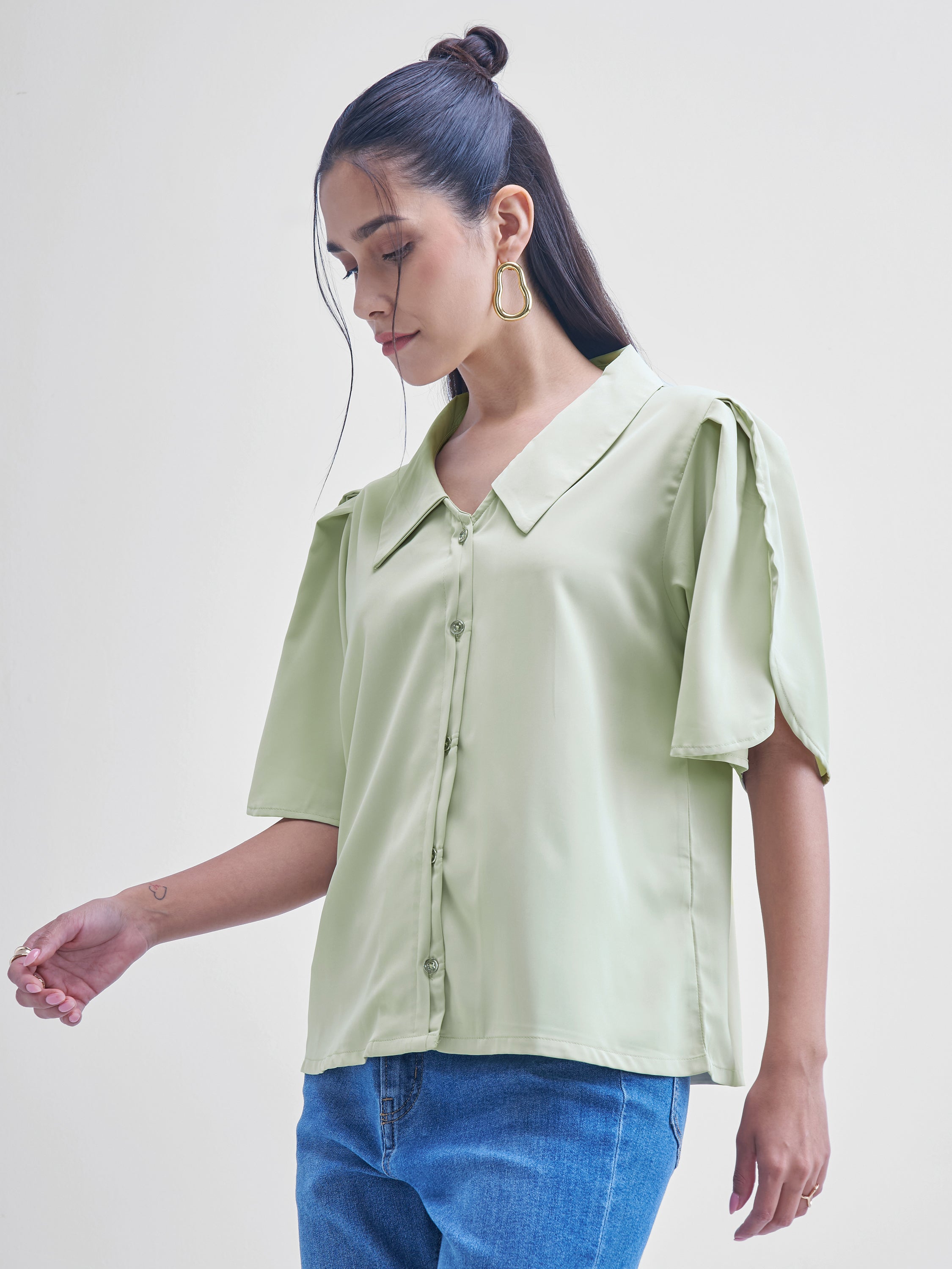 Tokyo Talkies Women Green Solid Shirt Style Top - Green - Image 4
