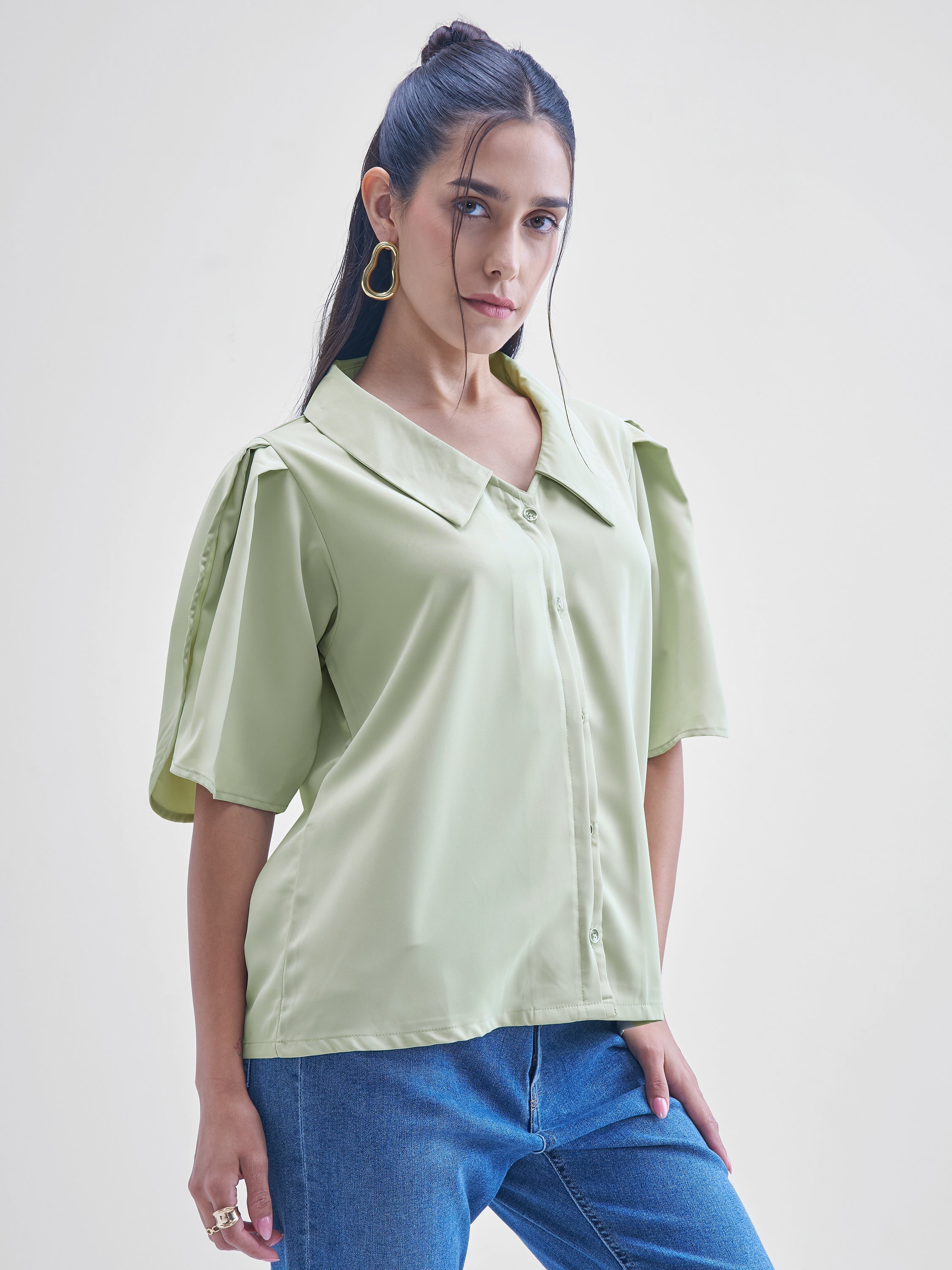 Tokyo Talkies Women Green Solid Shirt Style Top - Green - Image 6