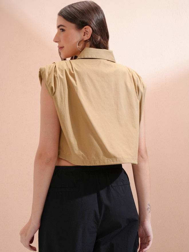 Tokyo Talkies Women Beige Solid Shirt Style Top - Beige - Image 3