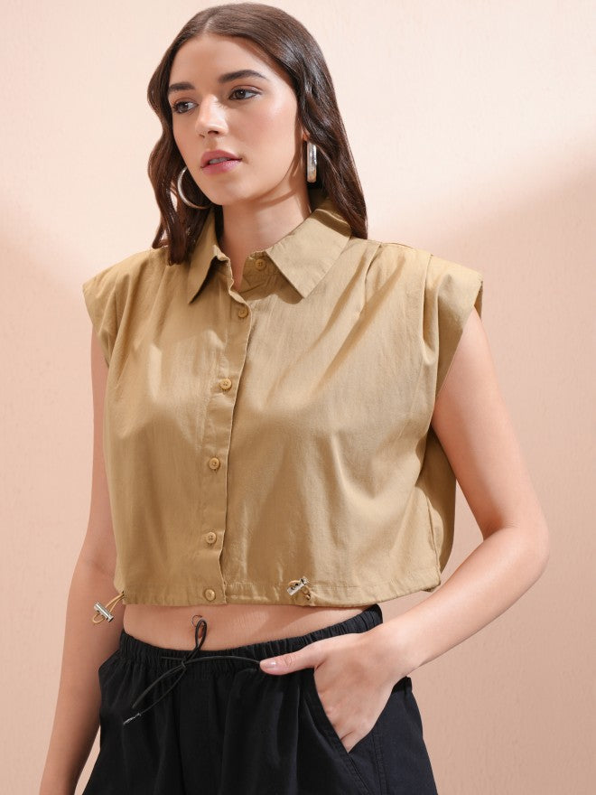 Tokyo Talkies Women Beige Solid Shirt Style Top - Beige - Image 4