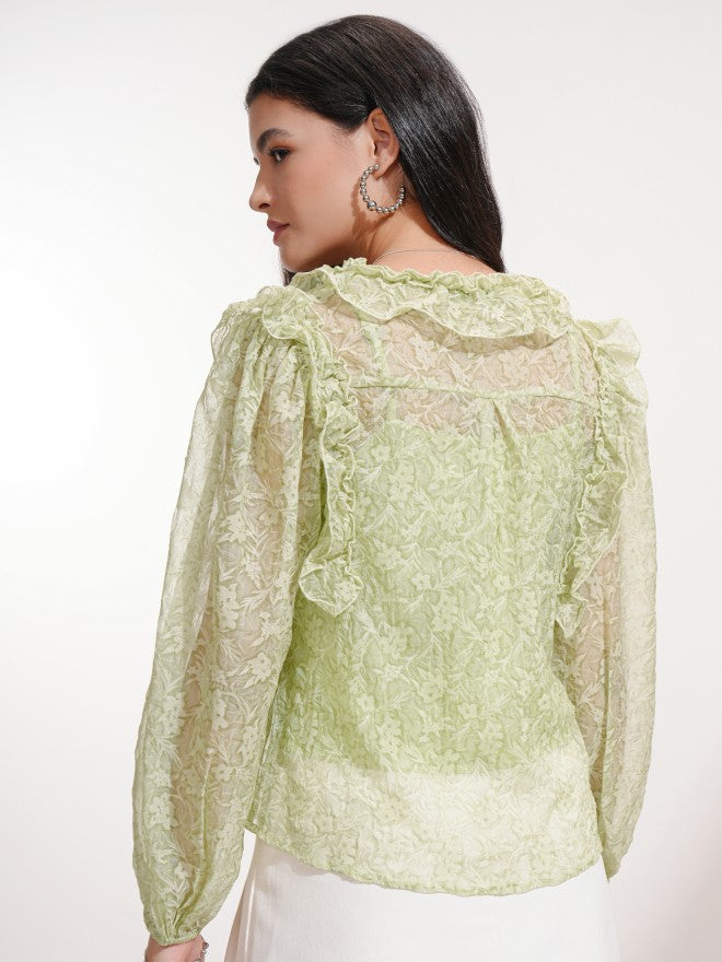 Tokyo Talkies Women Green Printed Blouson Top - Green - Image 3