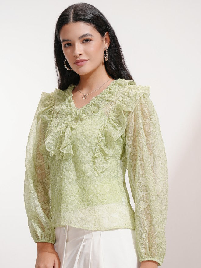 Tokyo Talkies Women Green Printed Blouson Top - Green - Image 4