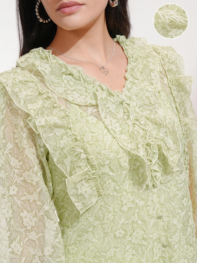 Tokyo Talkies Women Green Printed Blouson Top - Green - Image 5
