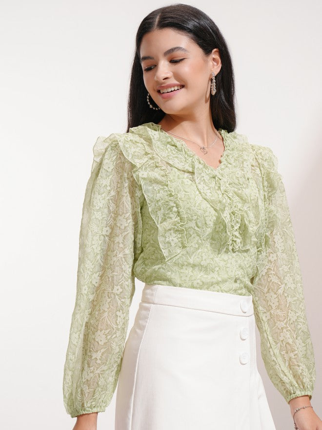 Tokyo Talkies Women Green Printed Blouson Top - Green - Image 6