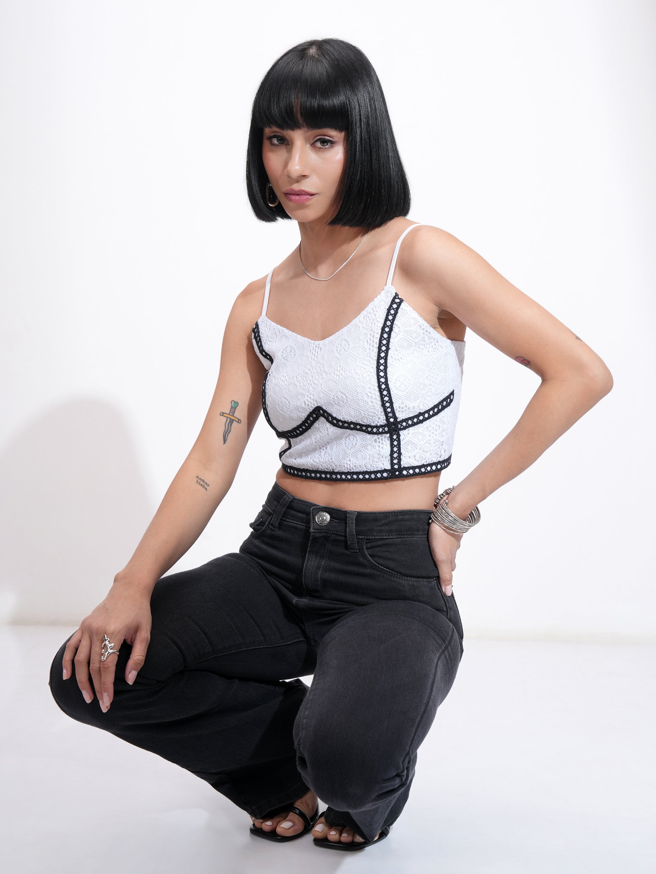 Tokyo Talkies Women White Self Design Fitted Top - White - Image 2