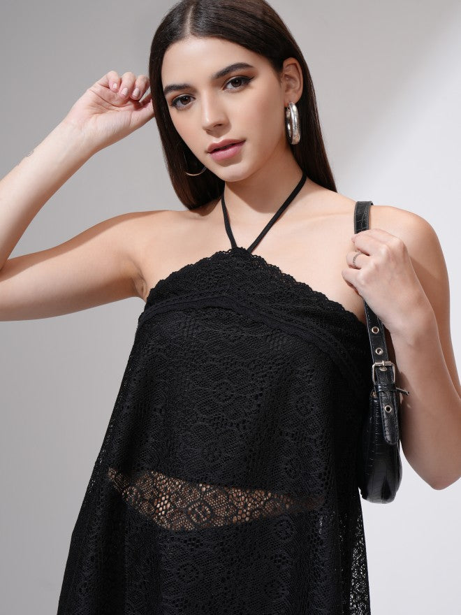 Tokyo Talkies Women Black Self Design Regular Top - Black - Image 1