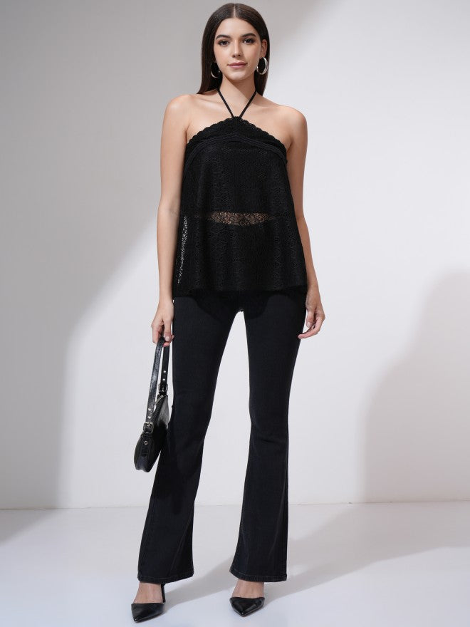 Tokyo Talkies Women Black Self Design Regular Top - Black - Image 2
