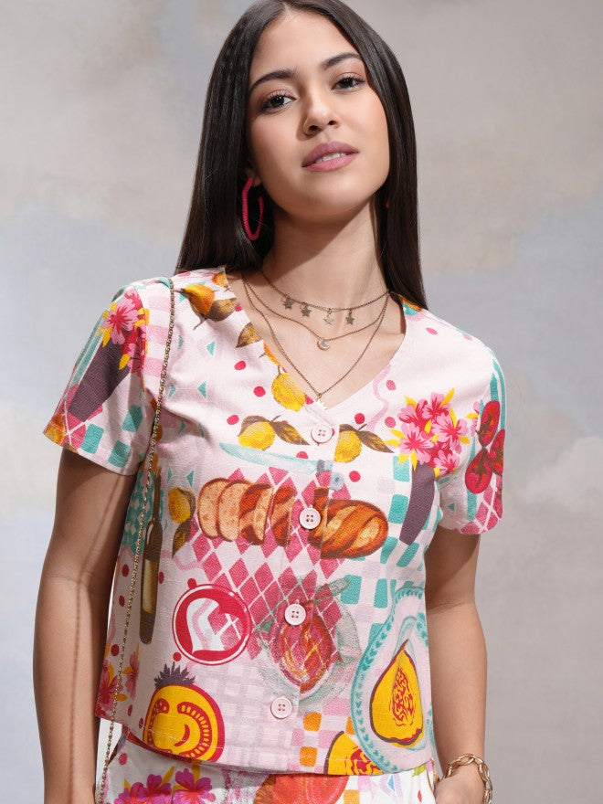 Tokyo Talkies Women Pink Printed Regular Top - Pink - Image 1