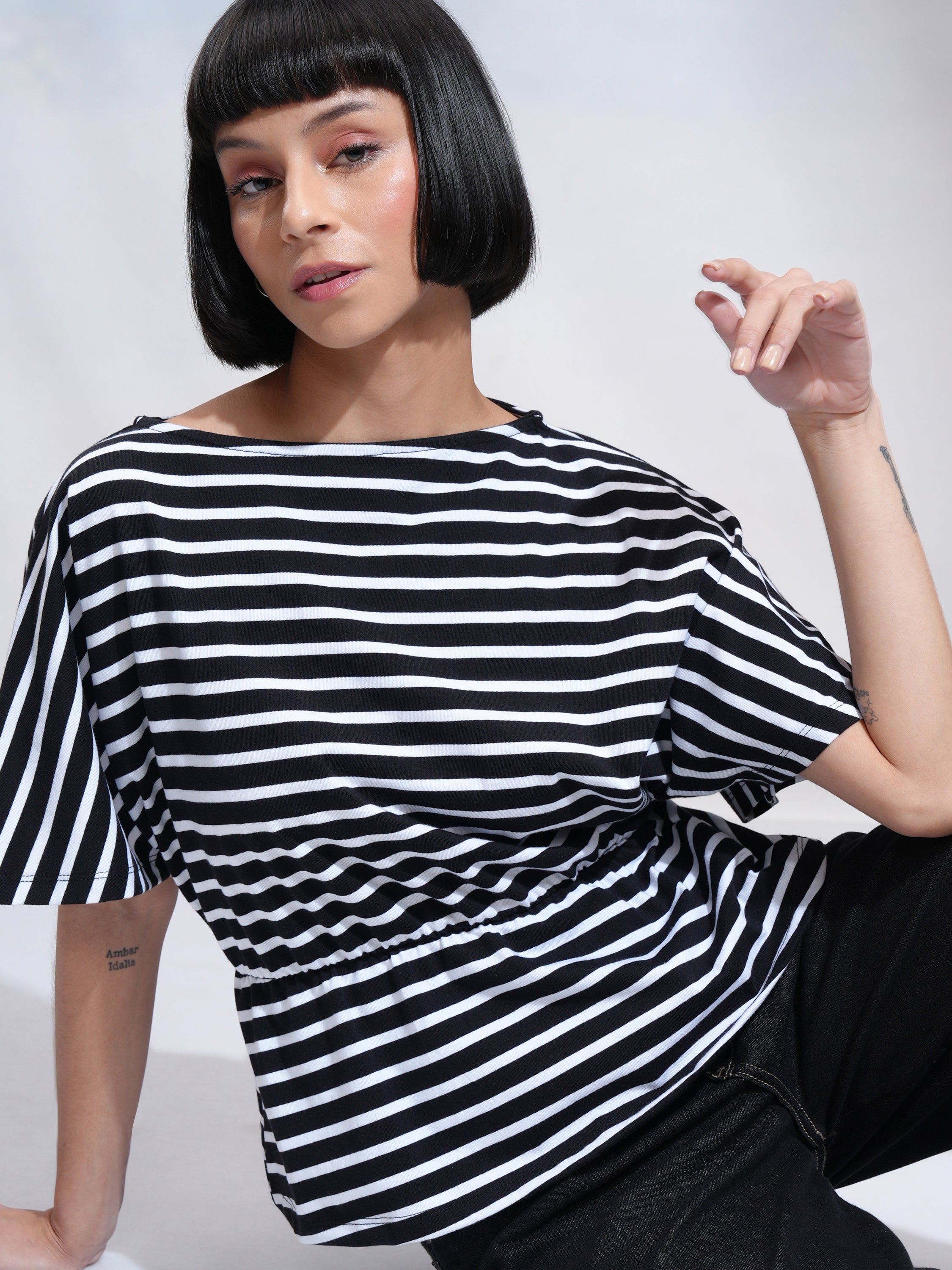 Tokyo Talkies Women Black Striped Regular Top - Black - Image 1