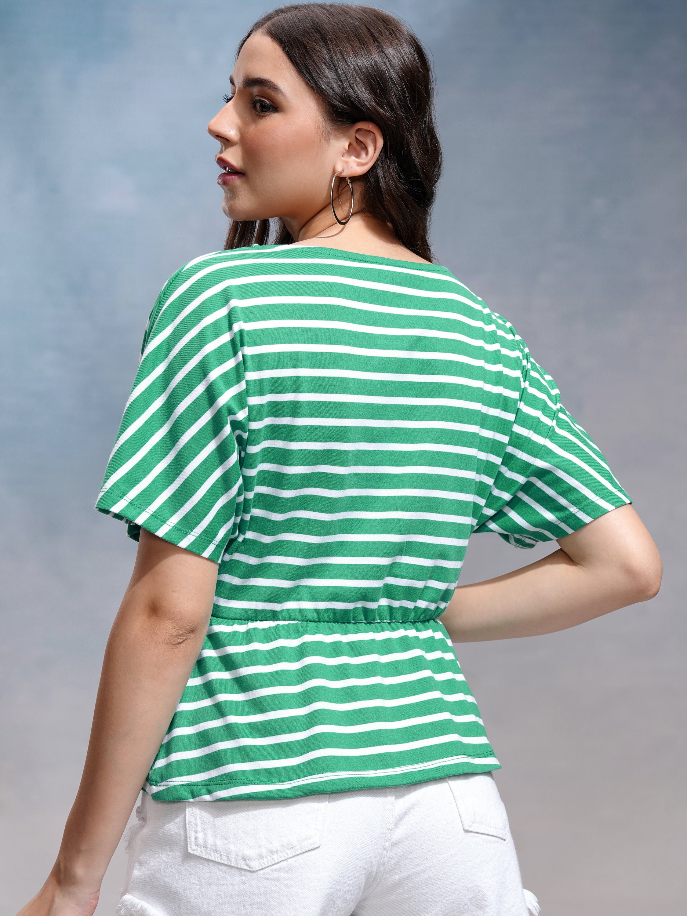 Tokyo Talkies Women Green Striped Regular Top - Green - Image 3