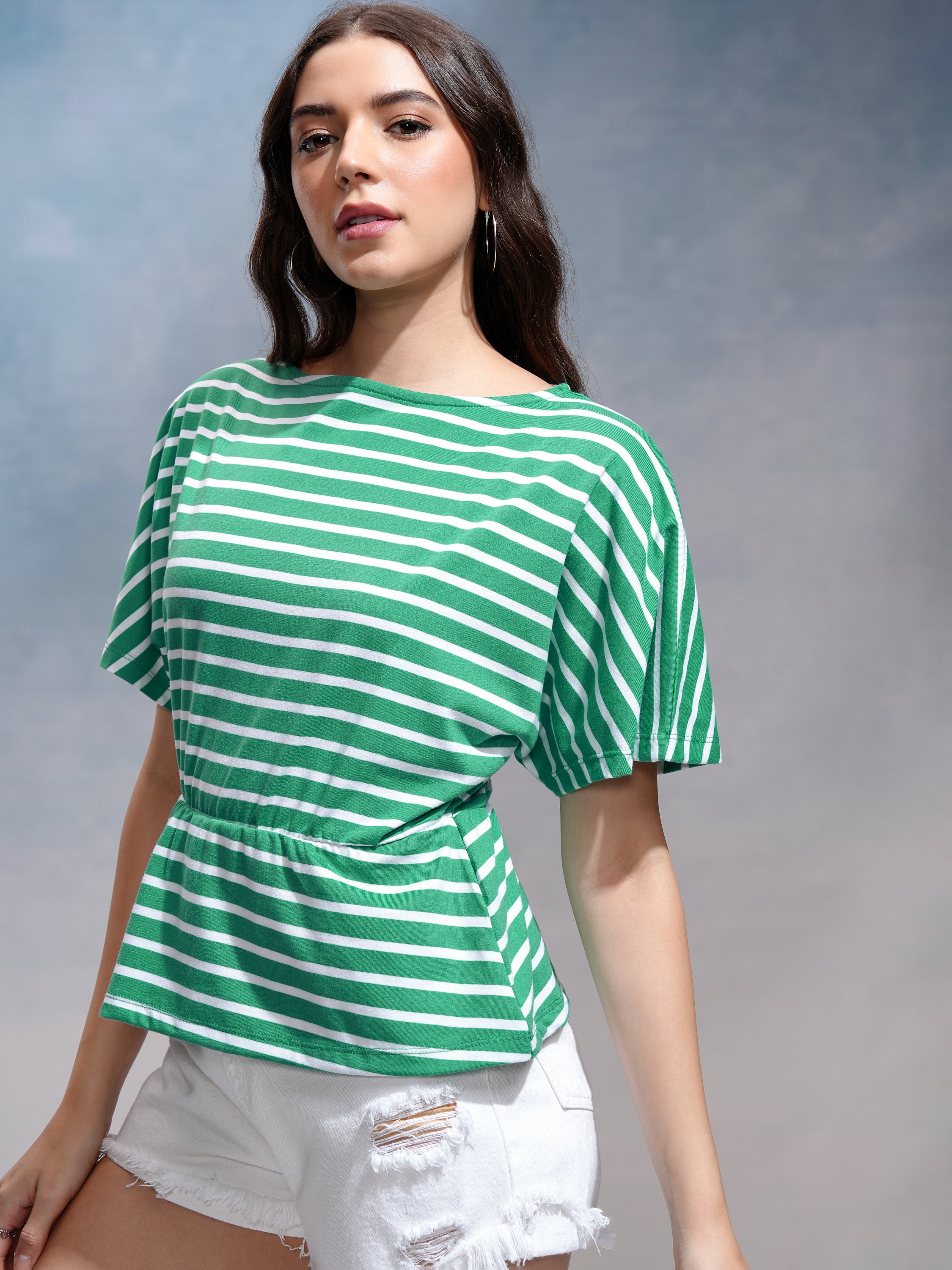 Tokyo Talkies Women Green Striped Regular Top - Green - Image 4