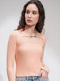 Tokyo Talkies Women Peach Solid Fitted Top - Peach - Image 1