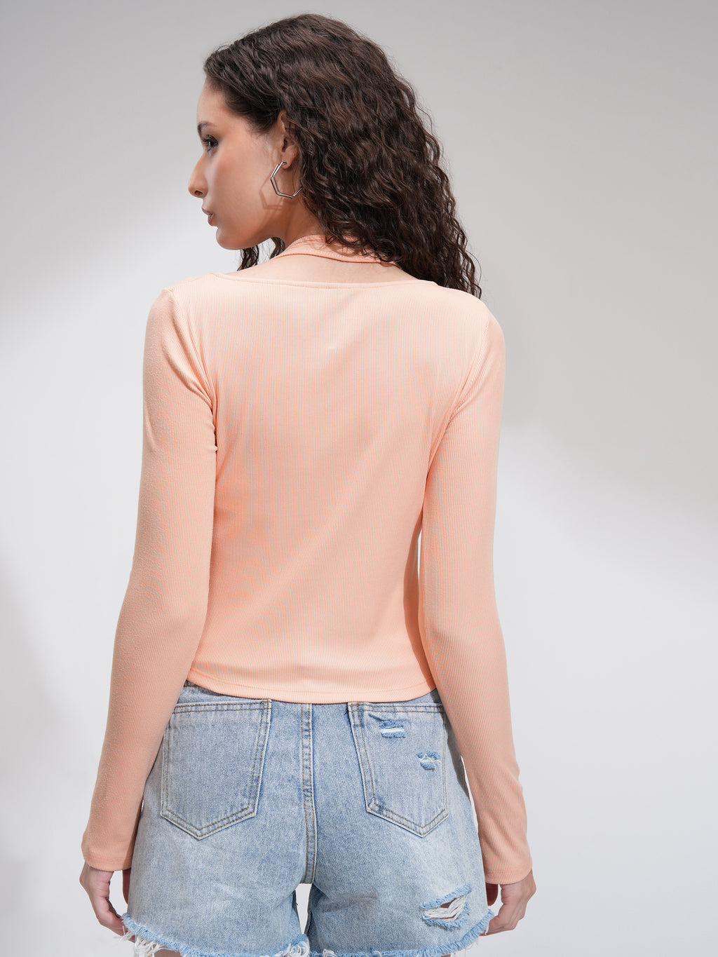 Tokyo Talkies Women Peach Solid Fitted Top - Peach - Image 3