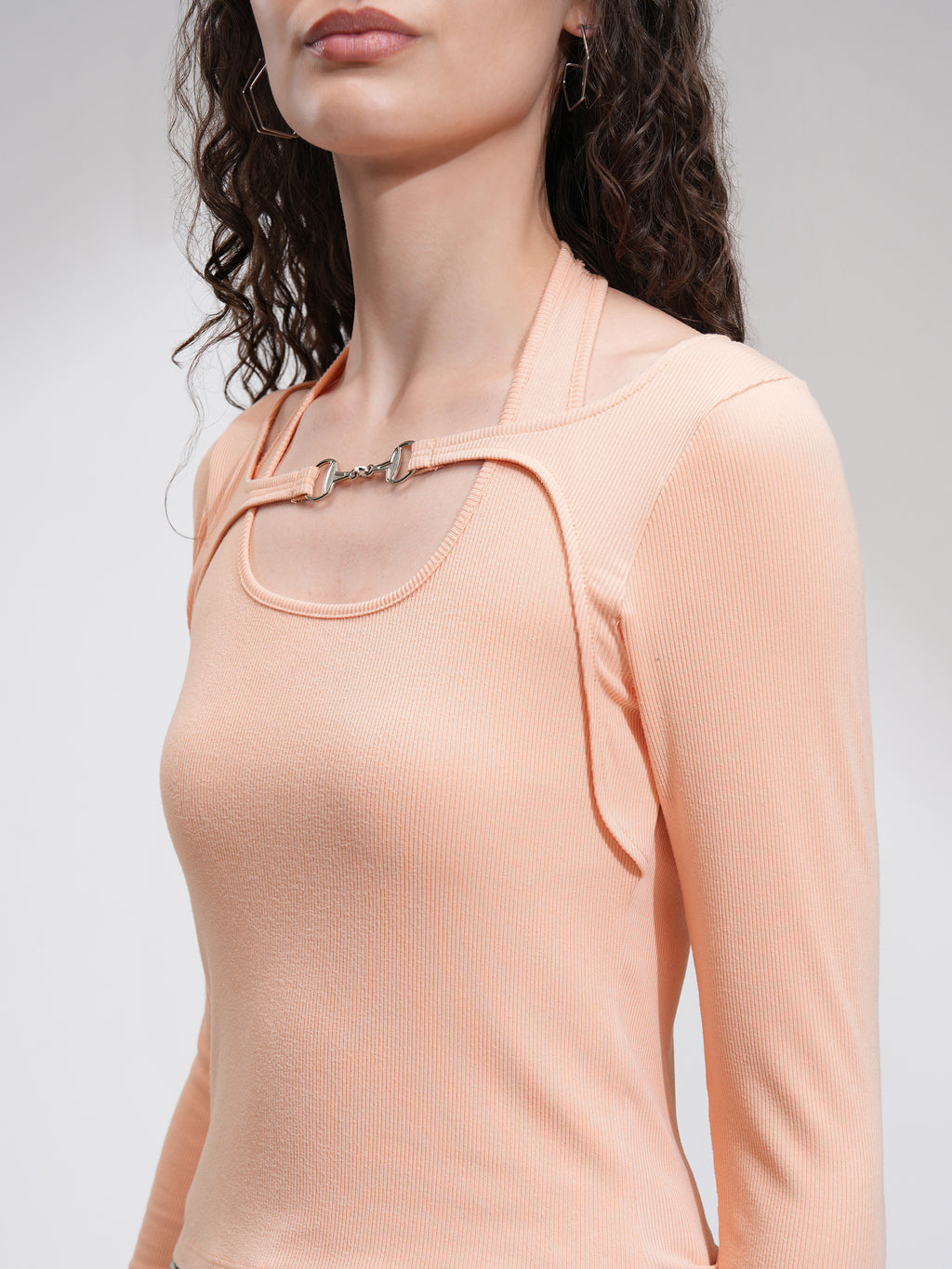 Tokyo Talkies Women Peach Solid Fitted Top - Peach - Image 5