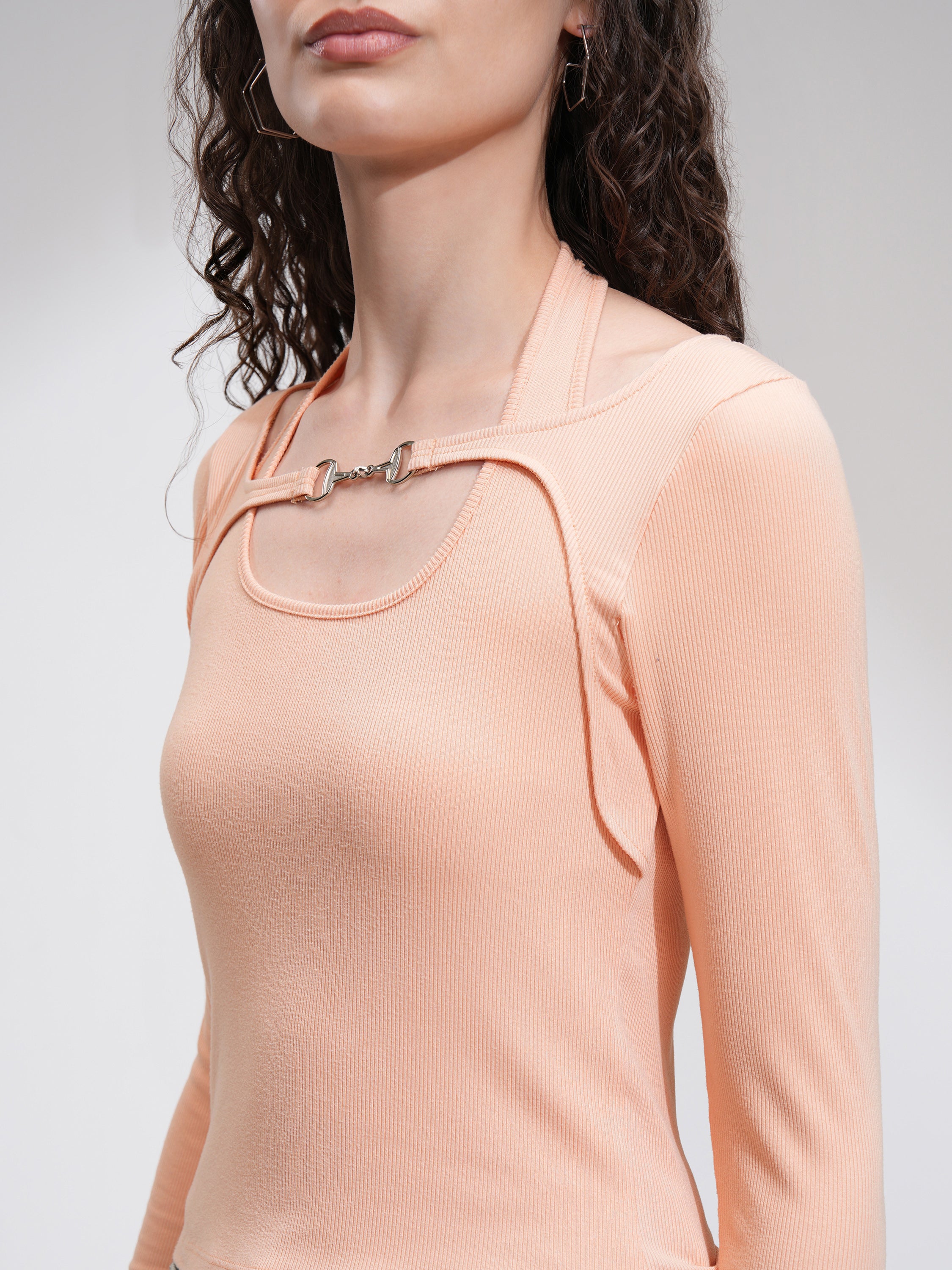 Tokyo Talkies Women Peach Solid Fitted Top - Peach - Image 5