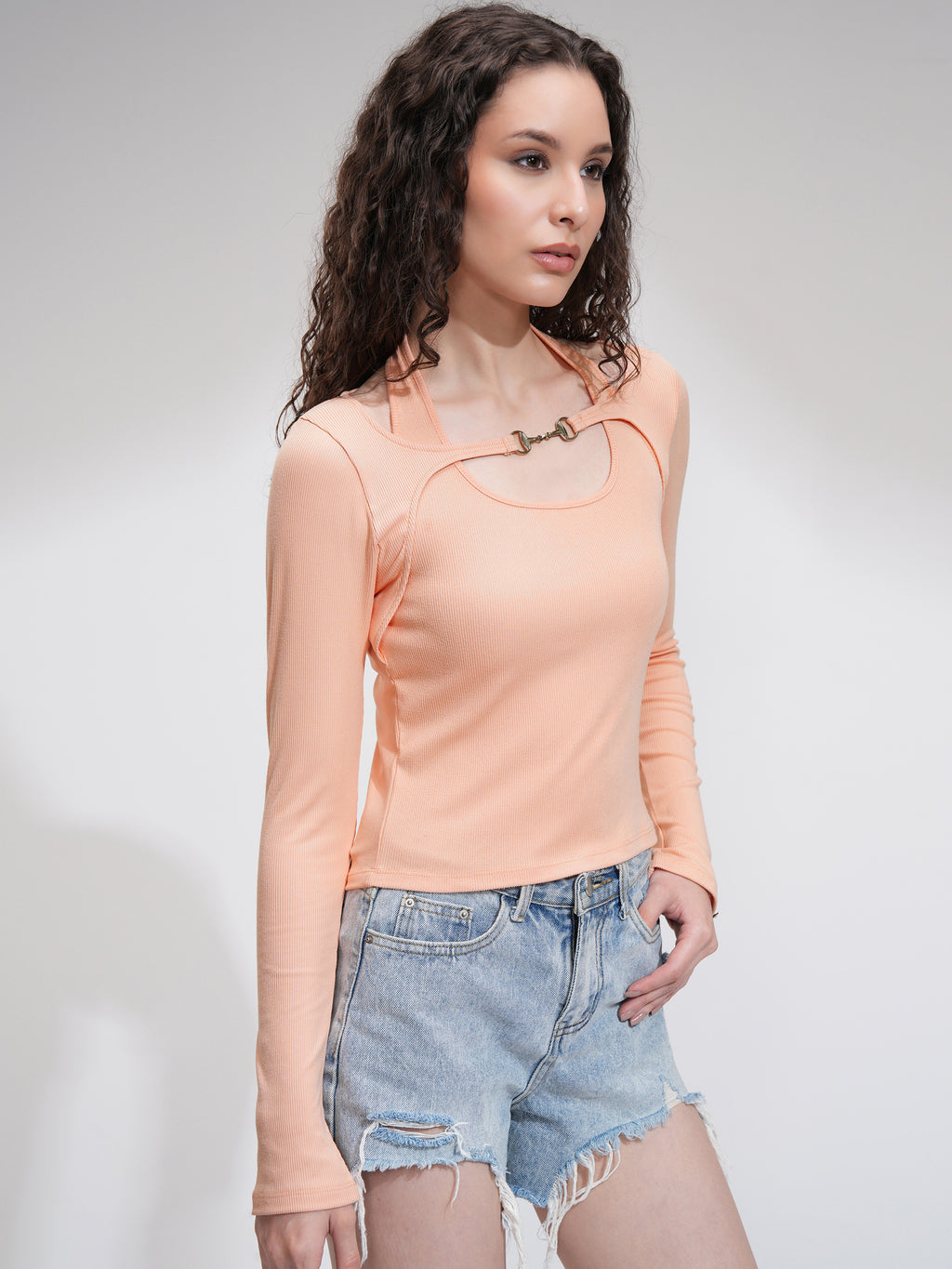 Tokyo Talkies Women Peach Solid Fitted Top - Peach - Image 6