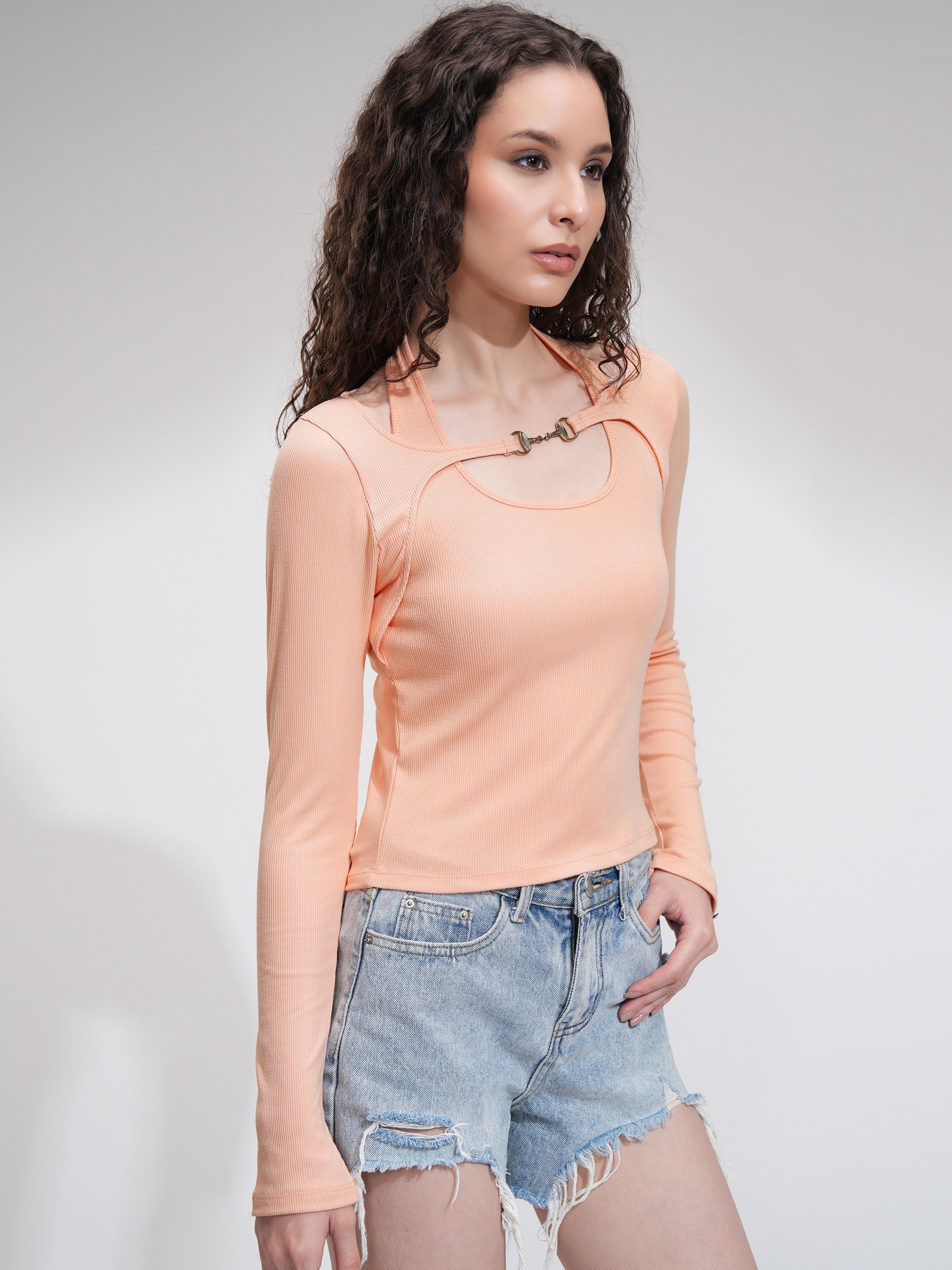 Tokyo Talkies Women Peach Solid Fitted Top - Peach - Image 6