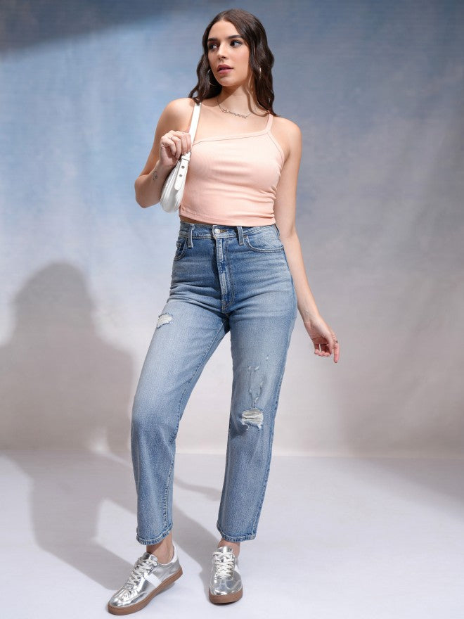 Tokyo Talkies Women Peach Solid Fitted Top - Peach - Image 2