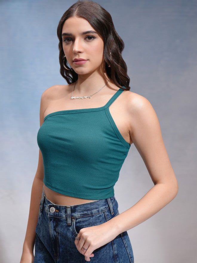 Tokyo Talkies Women Teal Solid Fitted Top - Teal - Image 4