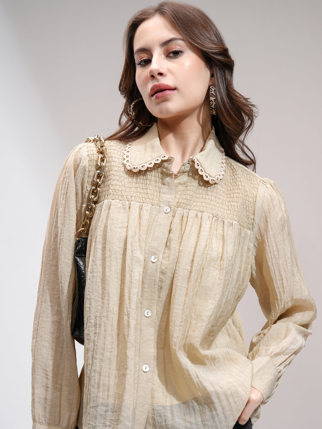 Tokyo Talkies Women Khaki Self Design Shirt Style Top - Khaki - Image 1