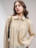 Tokyo Talkies Women Khaki Self Design Shirt Style Top - Khaki - Image 1