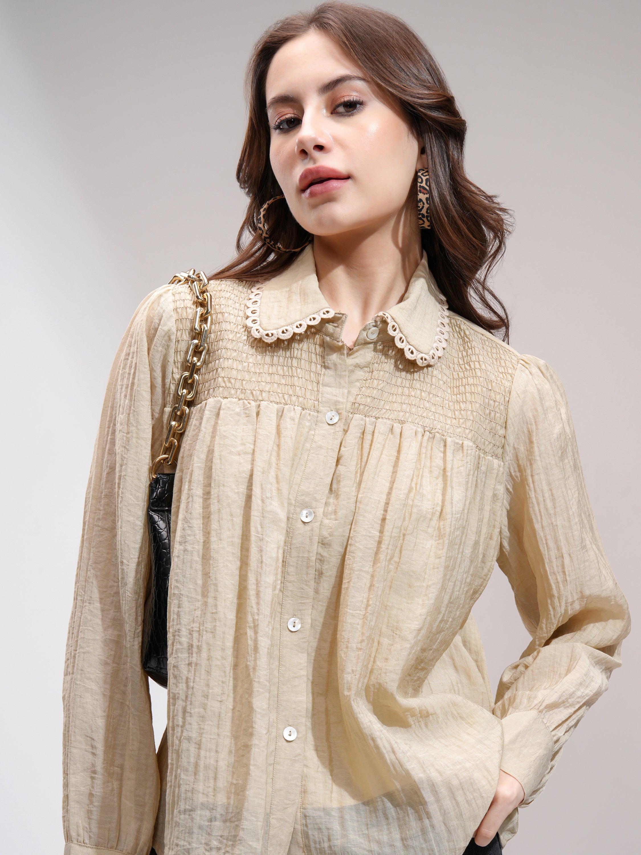 Tokyo Talkies Women Khaki Self Design Shirt Style Top - Khaki - Image 1