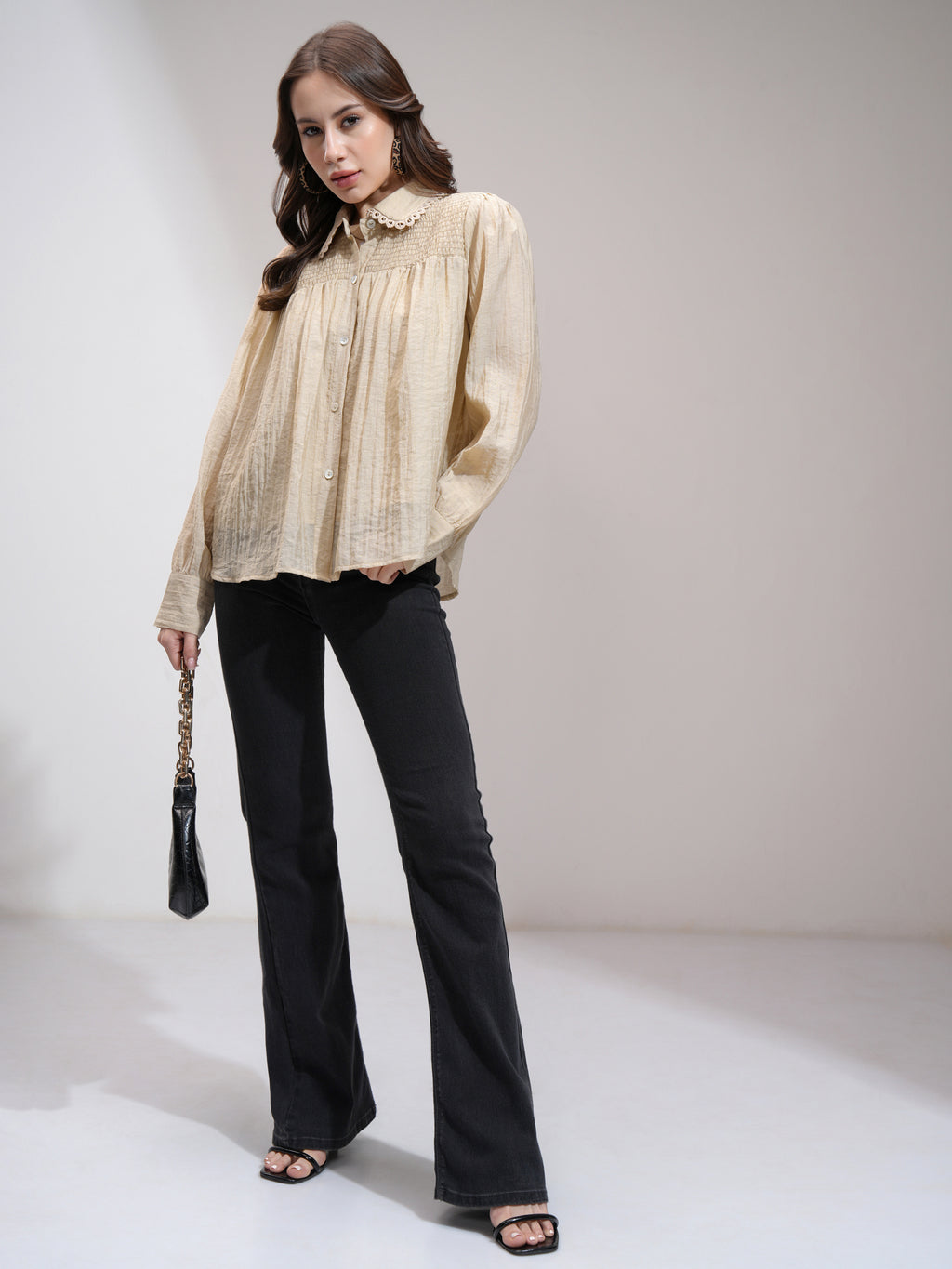 Tokyo Talkies Women Khaki Self Design Shirt Style Top - Khaki - Image 2