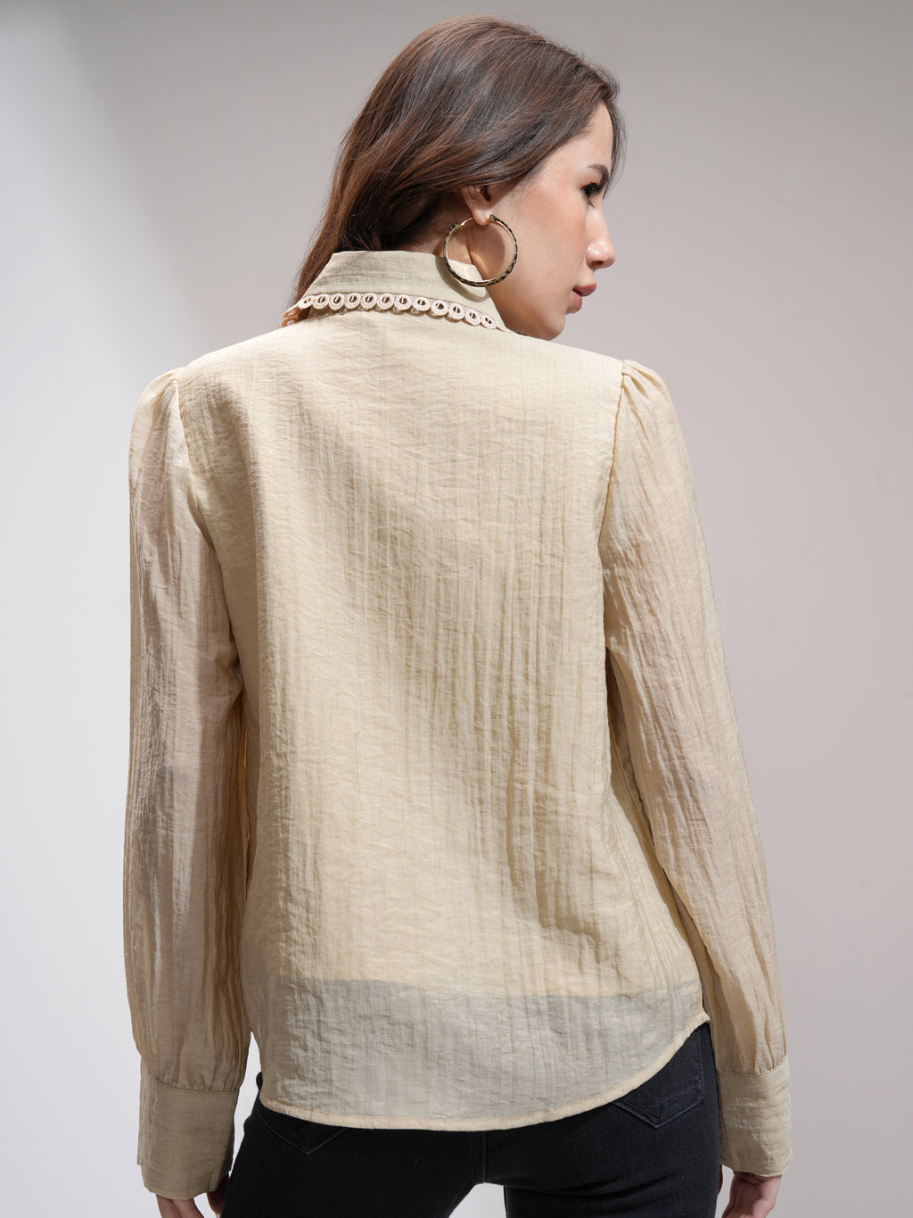Tokyo Talkies Women Khaki Self Design Shirt Style Top - Khaki - Image 3