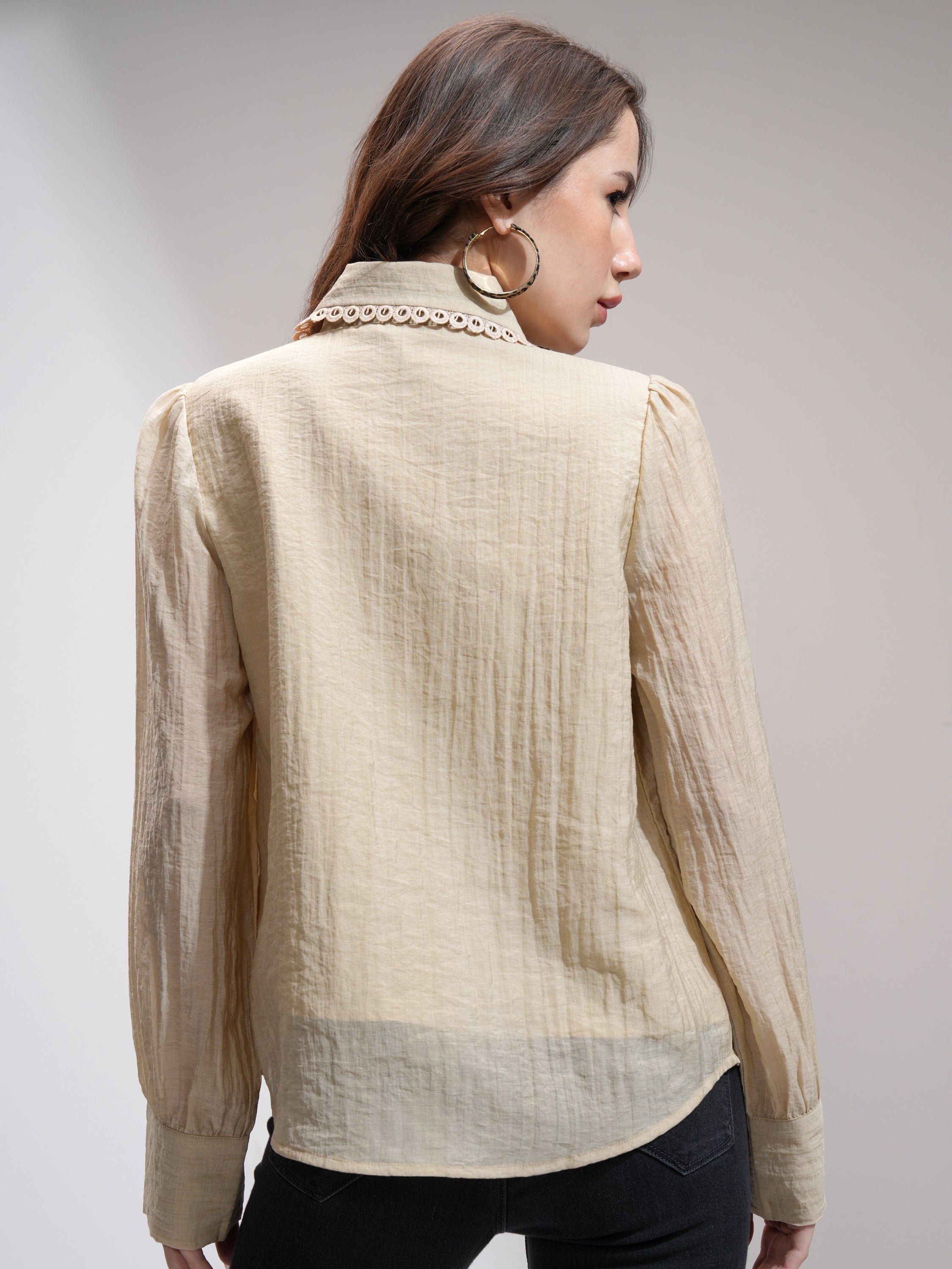 Tokyo Talkies Women Khaki Self Design Shirt Style Top - Khaki - Image 3