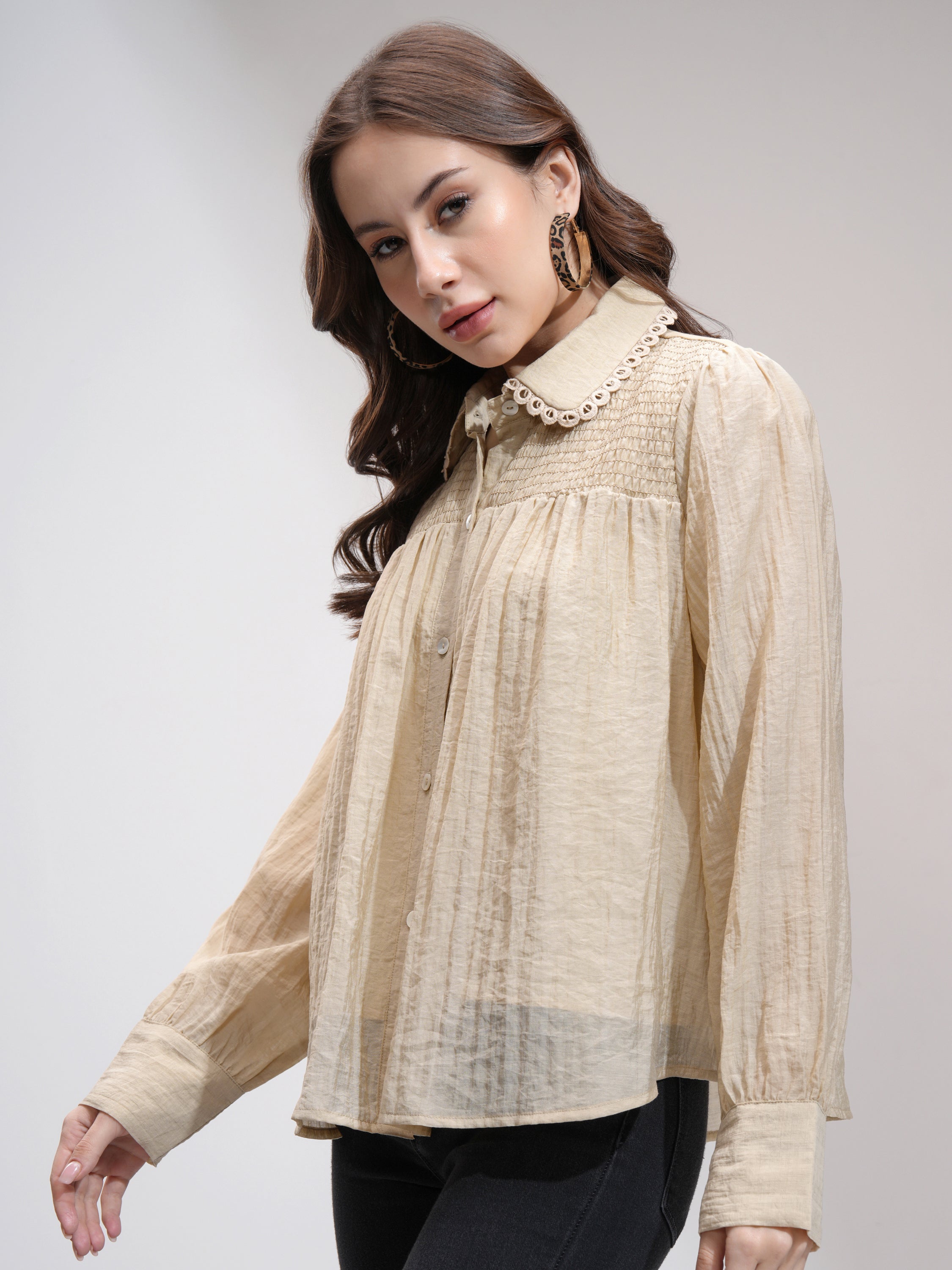 Tokyo Talkies Women Khaki Self Design Shirt Style Top - Khaki - Image 4
