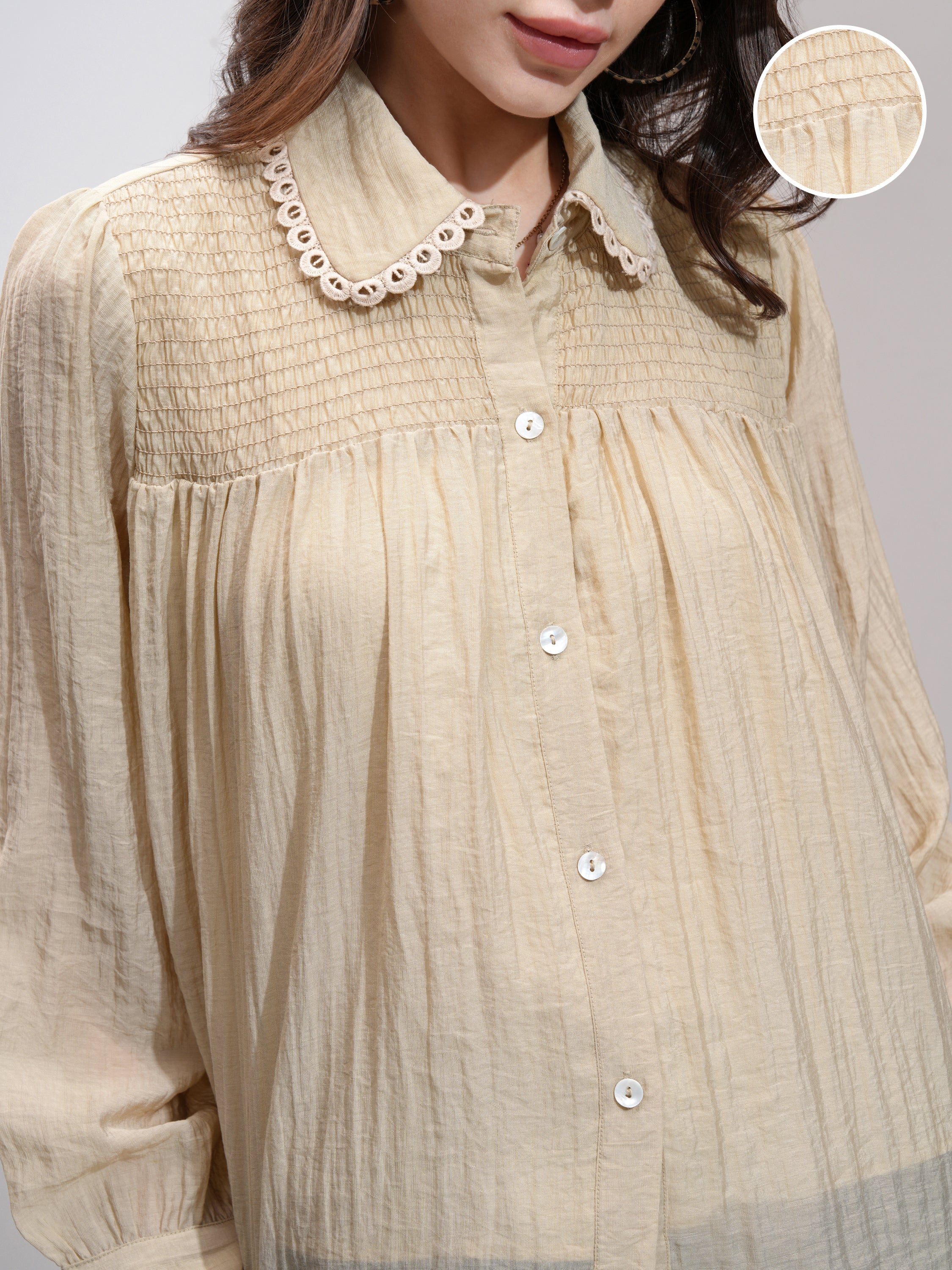 Tokyo Talkies Women Khaki Self Design Shirt Style Top - Khaki - Image 5