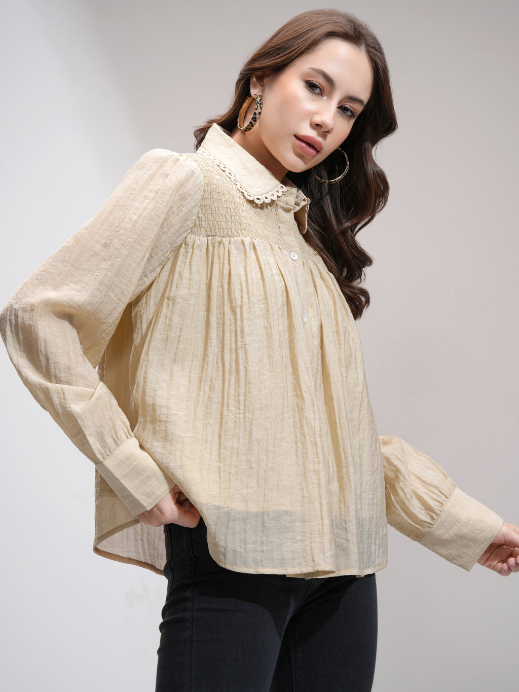 Tokyo Talkies Women Khaki Self Design Shirt Style Top - Khaki - Image 6