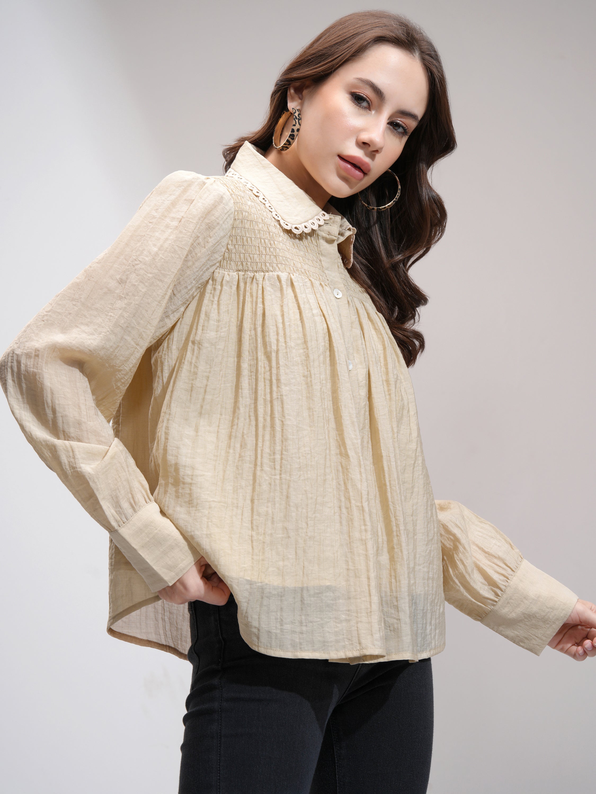 Tokyo Talkies Women Khaki Self Design Shirt Style Top - Khaki - Image 6