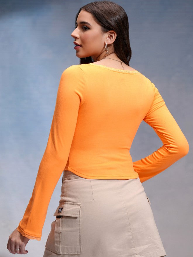Tokyo Talkies Women Orange Solid Fitted Top - Orange - Image 3