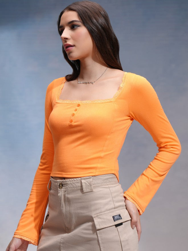 Tokyo Talkies Women Orange Solid Fitted Top - Orange - Image 4