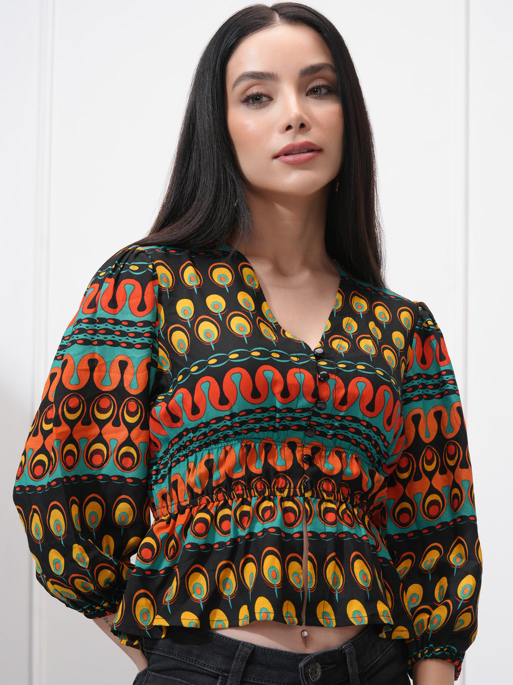 Tokyo Talkies Women Black Printed Regular Top - Black - Image 1