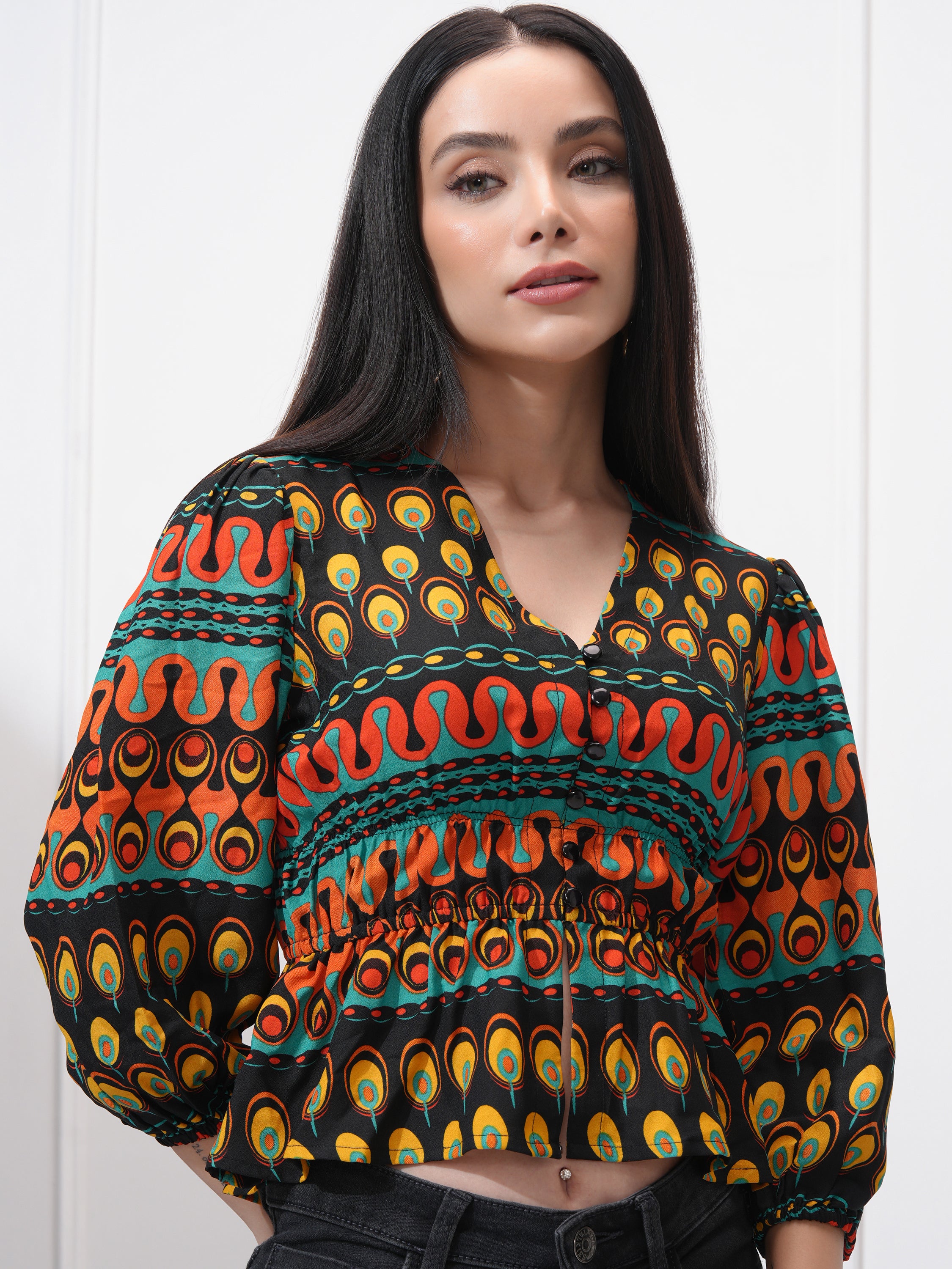 Tokyo Talkies Women Black Printed Regular Top - Black - Image 1