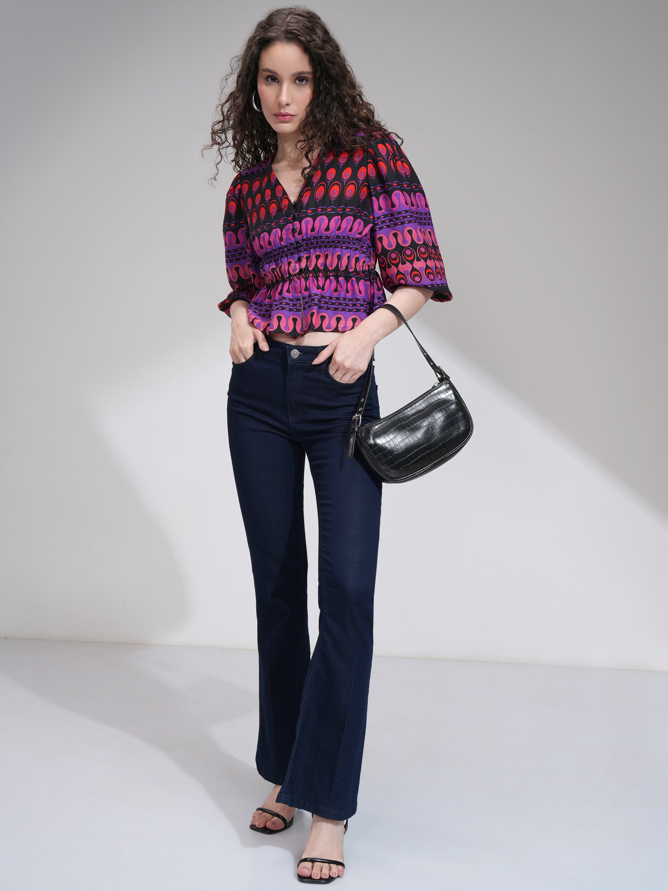 Tokyo Talkies Women Purple Printed Fitted Top - Purple - Image 2